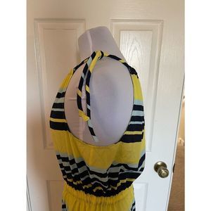 Yellow and blue striped sleeveless dress.